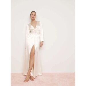 Reformation Delphi Ivory Silk Satin Twist Front High Slit Maxi Wedding Gown NWT